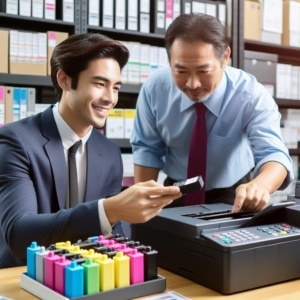 Voici un homme en train d'acheter les cartouches d'encre d'un photocopieur professionnel